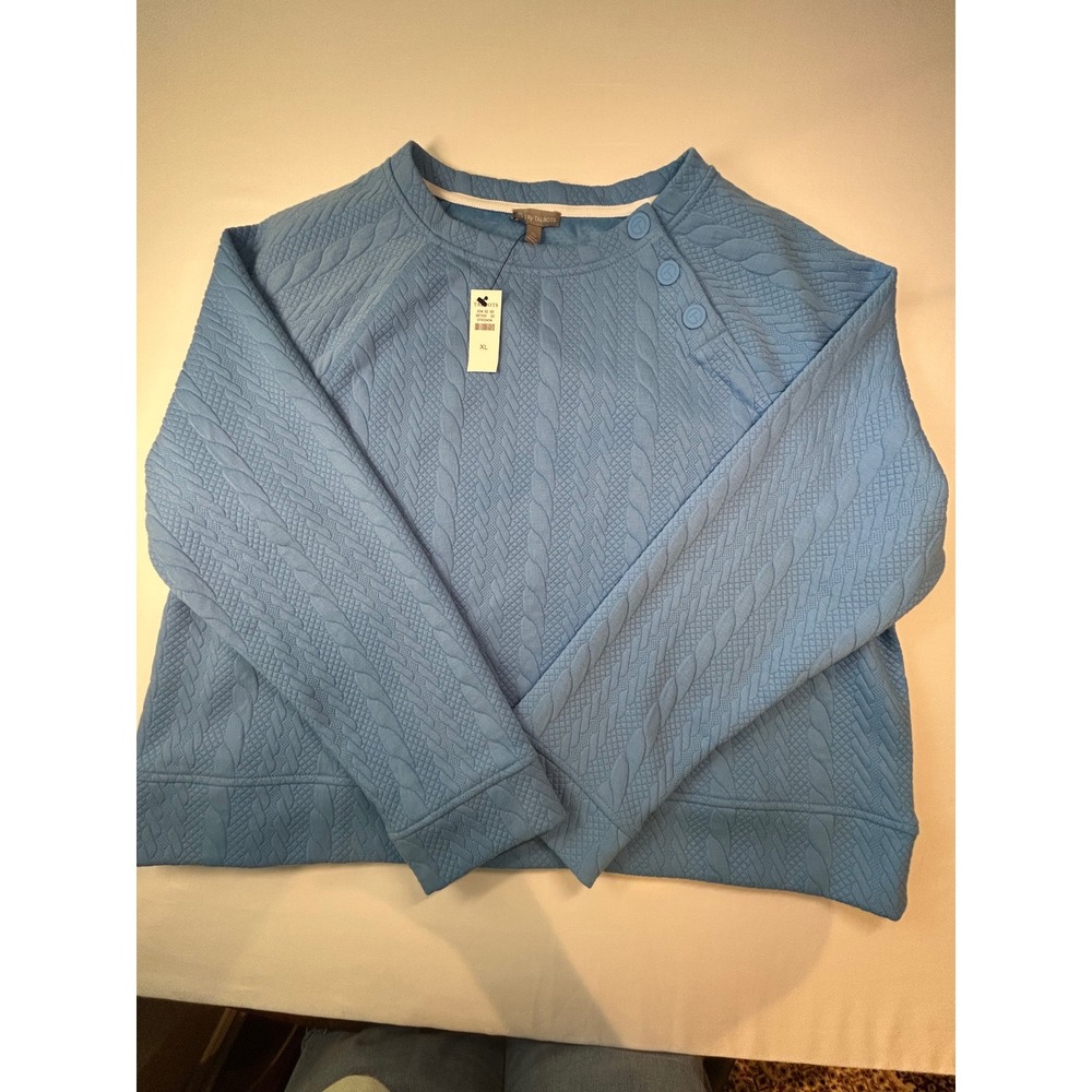 T by Talbots Pullover Women XL Blue Quilted Cable Knit Button Neck